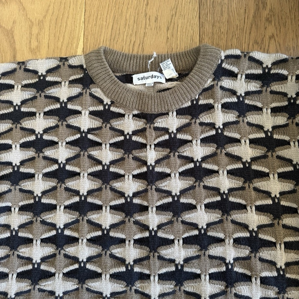 Vintage Saturdays NYC Sweater Mens XL Brown Geometric Granpa Knit Textured Y2K - Picture 2 of 7